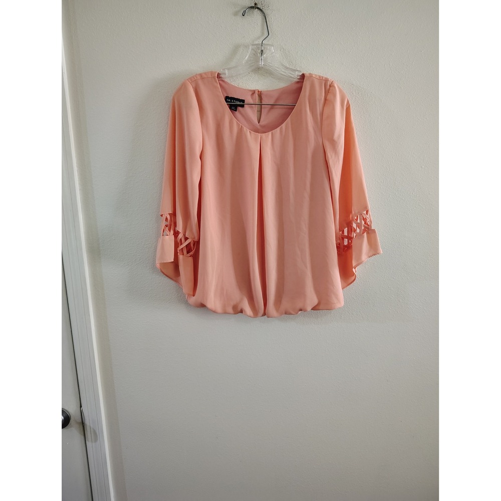 I.N. Studio Petite Peach Coral Bubble Hem Lattice Sleeve Blouse PS